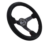 NRG Reinforced Steering Wheel (350mm / 3in. Deep) Blk Suede/Red BBall Stitch w/5mm Matte Blk Spokes