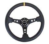 NRG Reinforced Steering Wheel (350mm / 3in. Deep) Blk Leather w/Blk Cutout Spoke/Yellow Center Mark