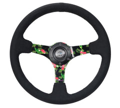 NRG Reinforced Steering Wheel (350mm / 3in. Deep) Black Suede w/ 5mm Floral 3-Spoke Center